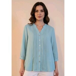 Fridaze Linen Blouse M Turquoise Pin-Tuck Triangle‎ Buttons 3/4 Sleeve V-Neck